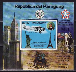 Парагвай, 1977, Ч.Линдберг, Аполлон 11, 200 лет США, блок